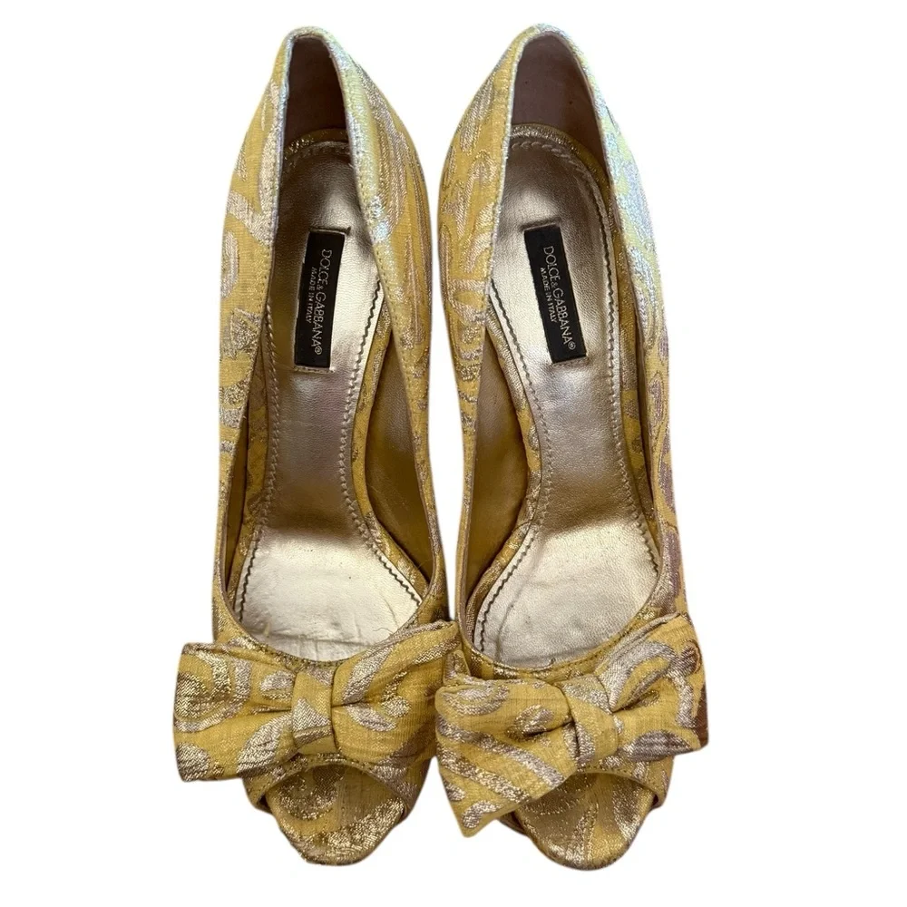 Dolce & Gabbana Gold Tapestry Open-Toe Bow Pumps Heels Size 37